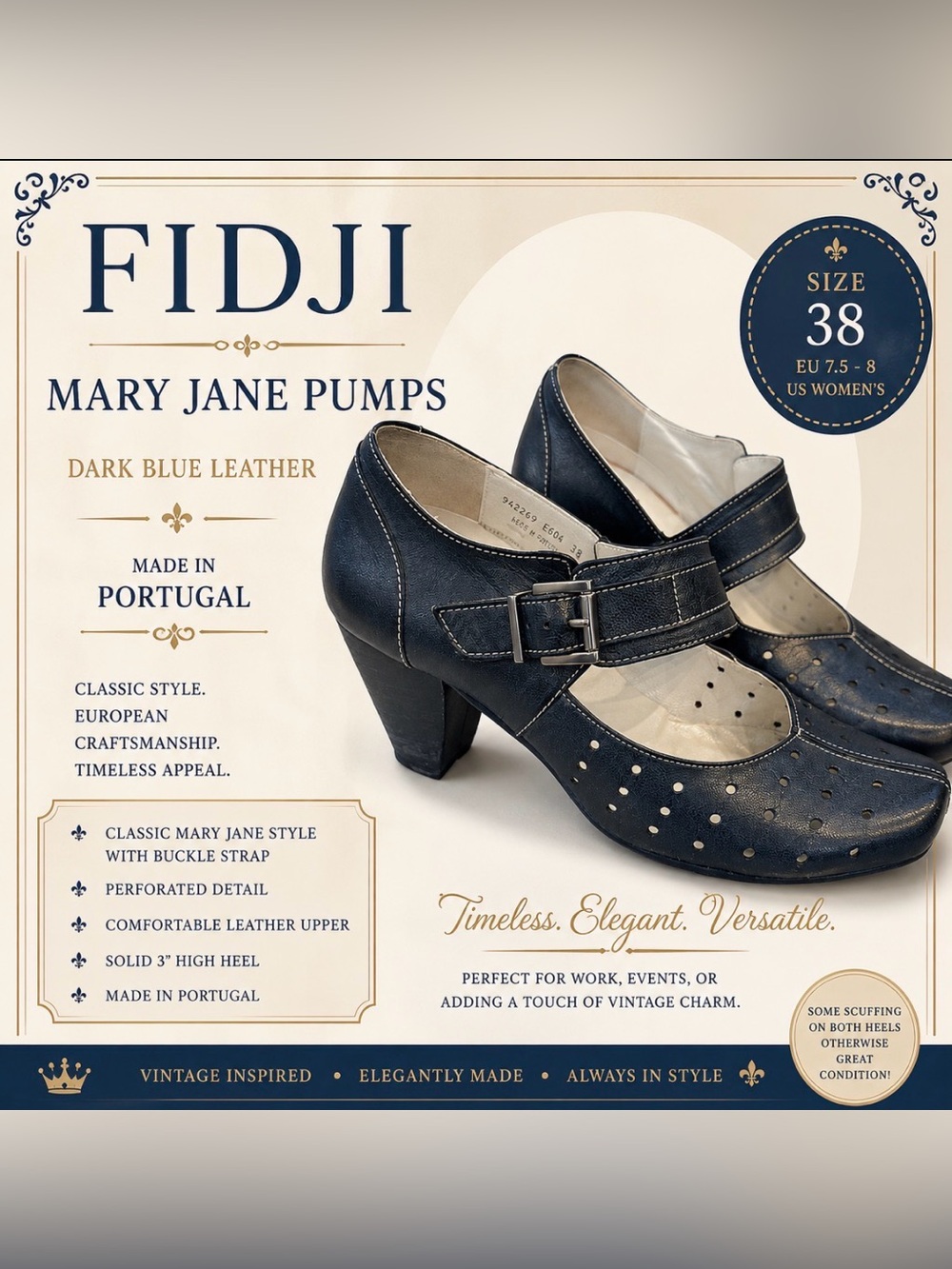 Fidji -Dark Blue Leather -Mary Jane Heels with Buckle - 38 (7.5/8)